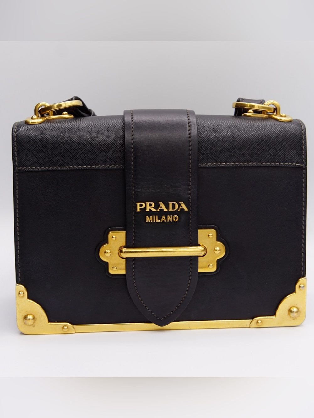 Authentic Prada Cahier Black Leather Crossbody Shoulder Bag Gold Hardware